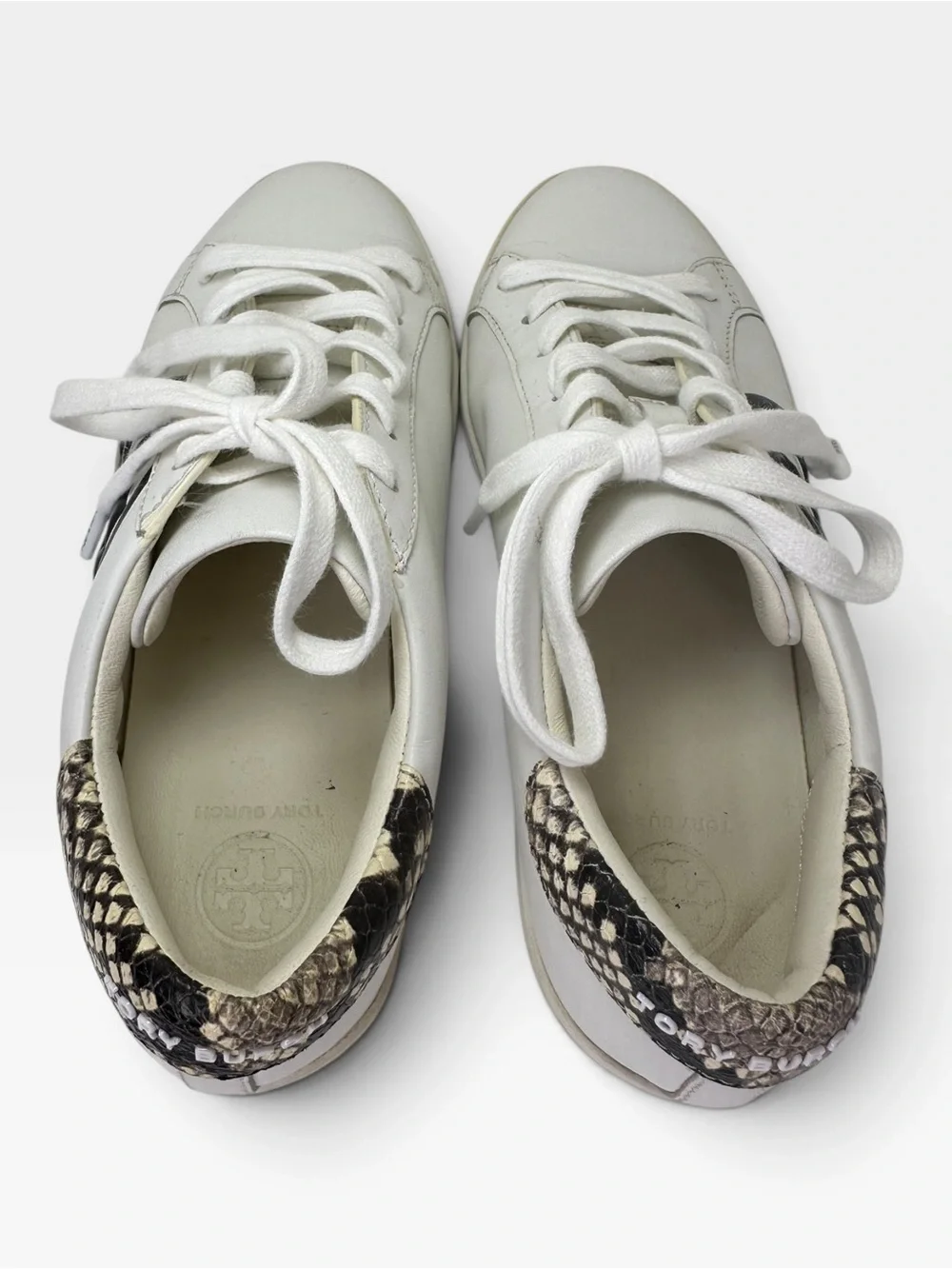 Tory Burch White Leather Logo Sneaker with Snake-Print Heel SIZE 6.5 W